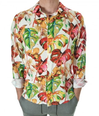 Ленена Мъжка риза с яка цветни флорални мотиви