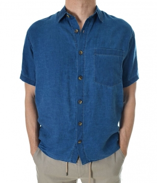 Мъжка лятна риза с къс ръкав тъмно синьо индиго