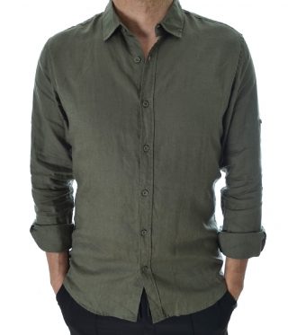 Мъжка Вталена маслено зелена ленена риза с яка