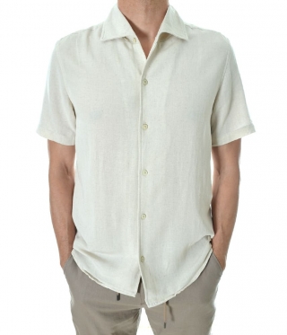Мъжка лятна ленена риза с къс ръкав цвят екрю