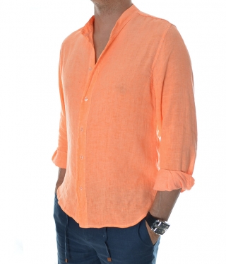 Мъжка оранжева лелена риза с права яка 