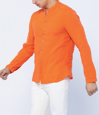 Оранжева вталена мъжка ленена риза с права яка