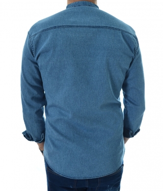 Мъжка светло синя дънкова риза с права яка
