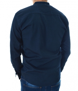 Мъжка тъмно синя дънкова риза с права яка