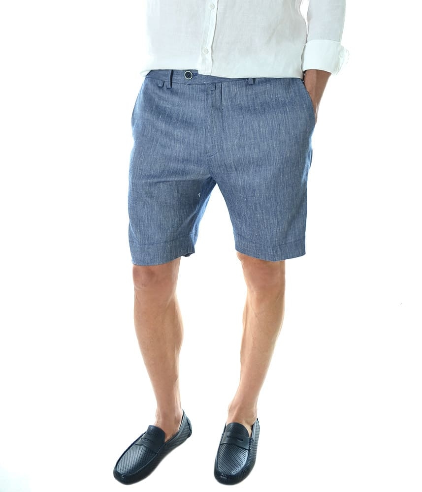 Мъжки стилни ленени бермуди – цвят син меланж