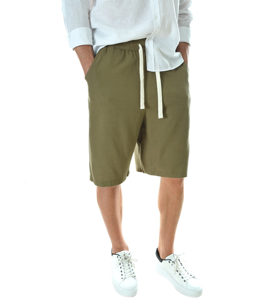 Мъжки ленени бермуди Relaxed Fit- Маслинено зелени