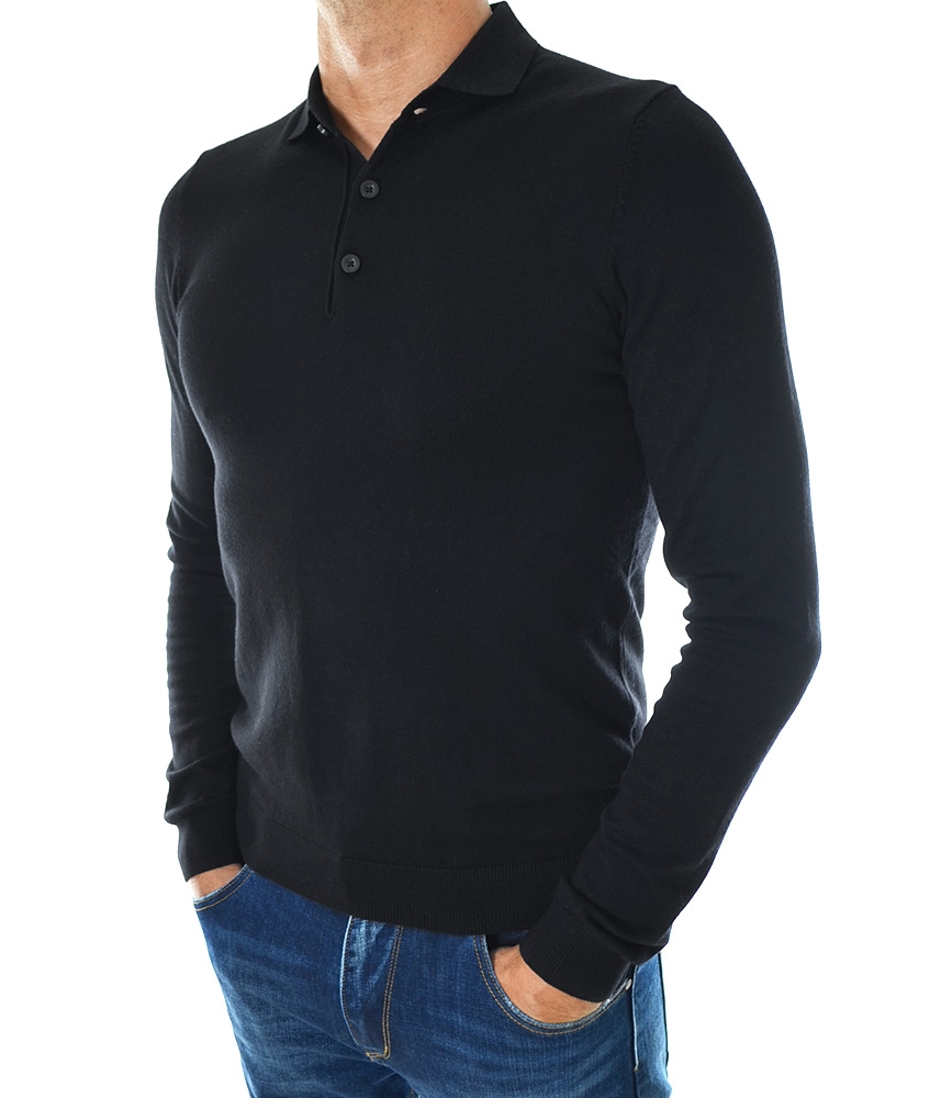 Мъжки стилен пуловер с якичка-фино плетиво,черен