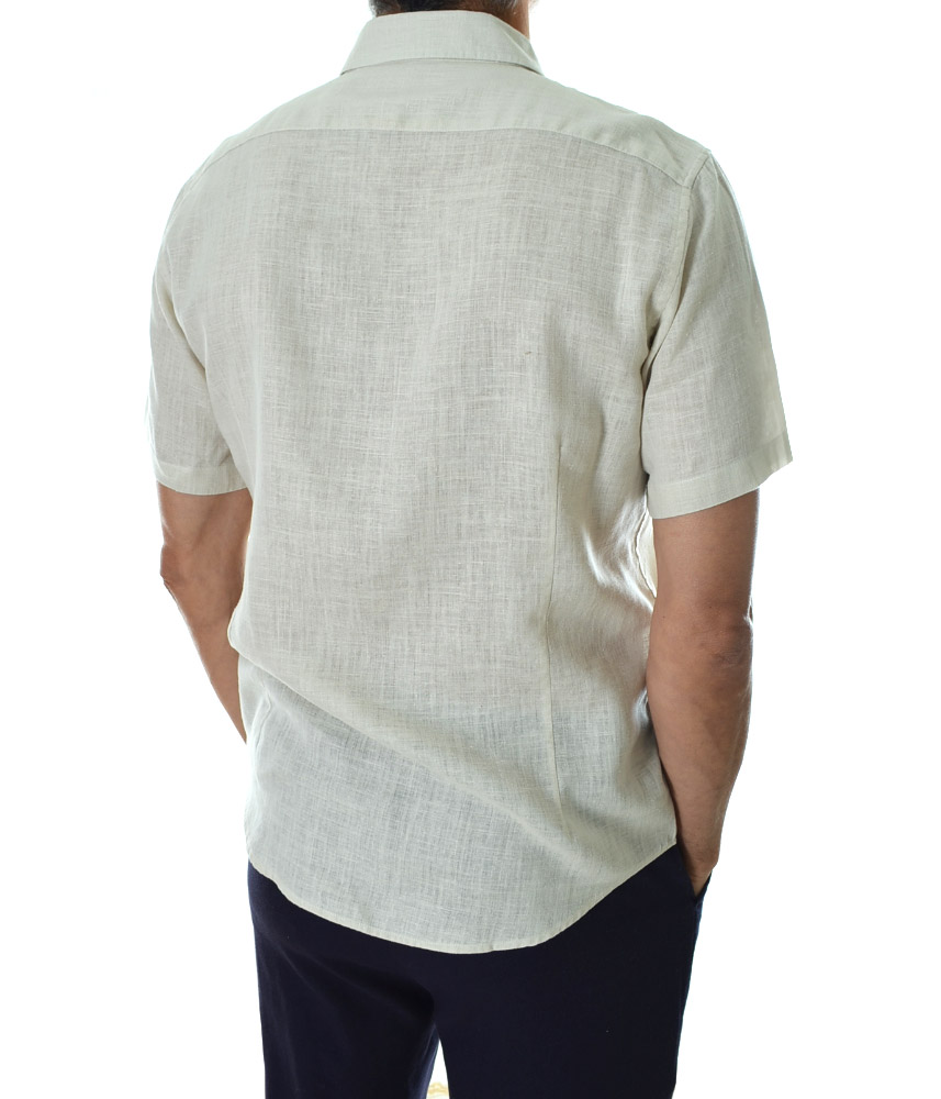 Мъжка ленена риза с къс ръкав Бежова - Slim Fit