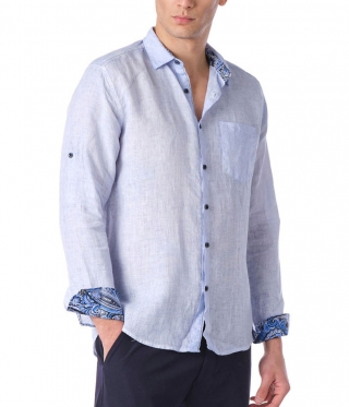 Мъжка небесно Синя Ленена риза с якичка и джоб