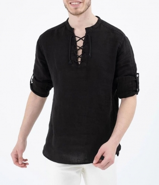 Мъжка черна ленена риза остро деколте с връзки