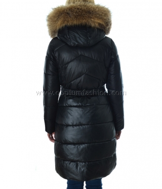 Дамско черно зимно яке с естествен косъм качулка