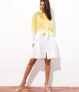 Дамска Дълга риза в жълто и бяло с колан