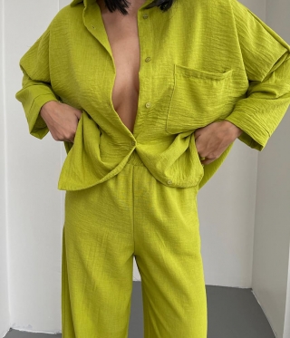 Дамски зелен комплект панталон с риза овърсайз