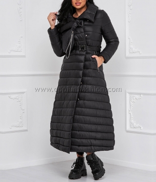 Дамско дълго черно яке с аксесоар чантичка
