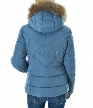 Дамско синьо зимно късо яке с качулка