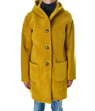 Дамско палто с копчета и качулка цвят горчица