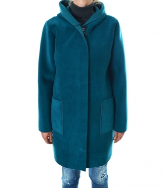 Дамско палто с цип и качулка цвят петрол