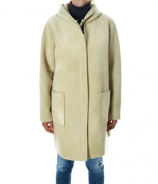 Дамско палто с цип и качулка цвят екрю