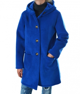 Дамско палто с копчета и качулка кралско синьо