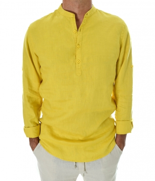 Жълта мъжка ленена риза остро деколте с копчета