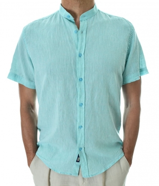 Мъжка ленена риза с къс ръкав цвят мента