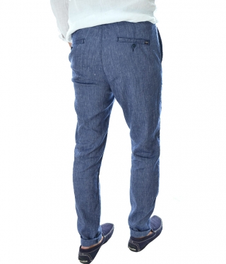 Ленен мъжки спортно елегантен панталон син меланж