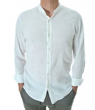 Ленена мъжка риза с попска яка в бяло