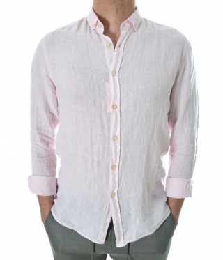 Ленена мъжка риза с яка Premium бледо розова