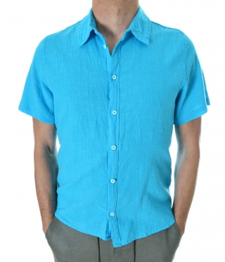 Мъжка ленена риза къс ръкав електриково синя
