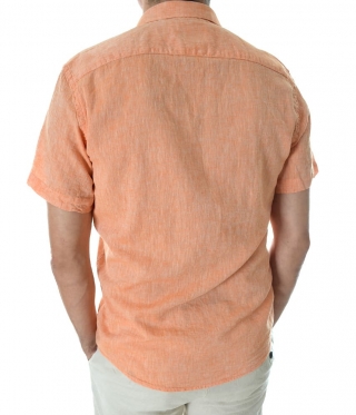 Ленена мъжка риза с къс ръкав оранжев меланж