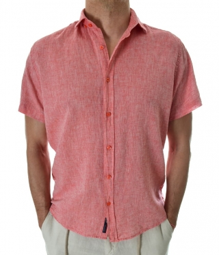 Мъжка ленена риза с къс ръкав бордо меланж