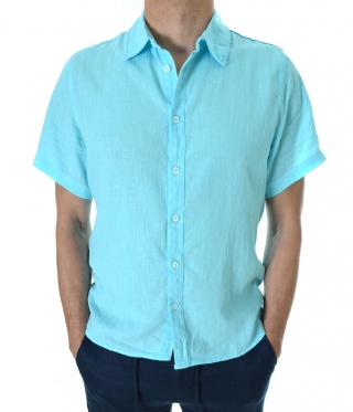 Мъжка ленена риза къс ръкав небесно синя