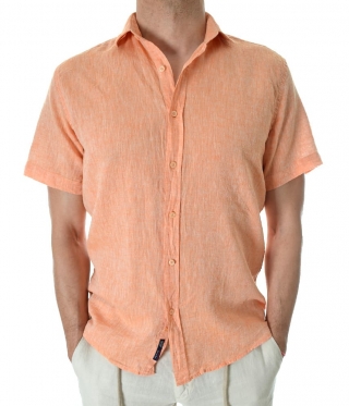 Ленена мъжка риза с къс ръкав оранжев меланж