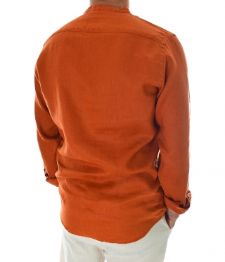 Ленена мъжка риза остро деколте цвят керемида