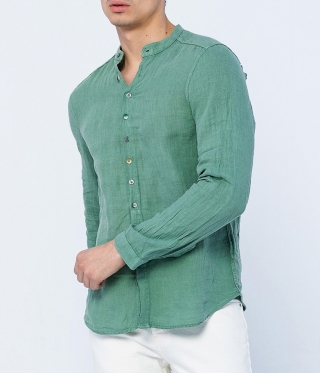 Ленена мъжка риза с права яка зелен пастел