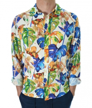 Мъжка ленена риза с яка цветни флорални мотиви