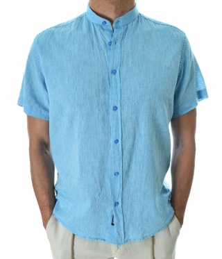 Мъжка синя ленена риза с къс ръкав права яка