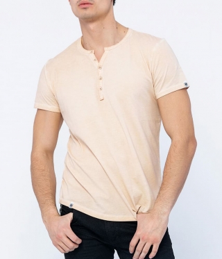 Мъжка памучна тениска с копчета бежово индиго