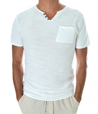 Мъжка бяла тениска лен с памук остро деколте