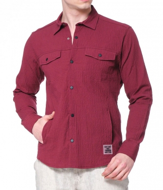 Мъжка бордо риза с джобове от вафлен памучен плат