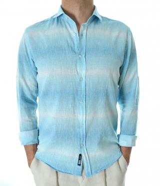 Мъжка ефектна ленена риза в светло синьо