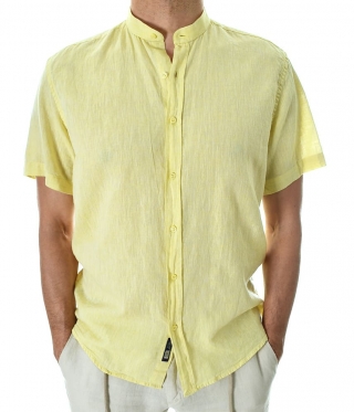 Мъжка жълта ленена риза с къс ръкав права яка