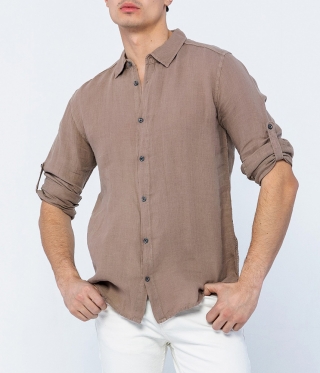 Мъжка кафява ленена риза с яка