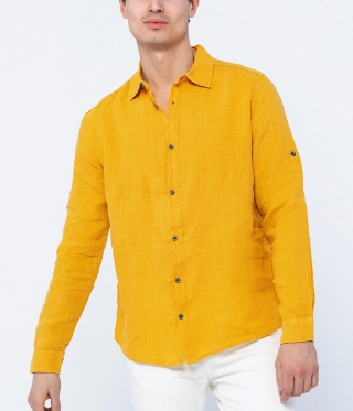 Мъжка ленена риза с яка цвят горчица