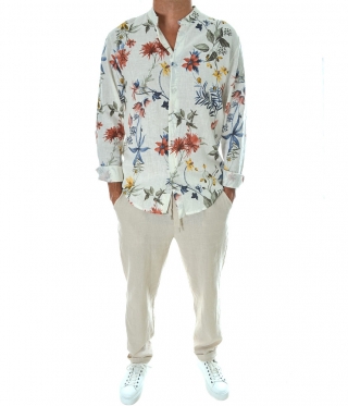 Мъжка ленена риза с флорален десен права яка