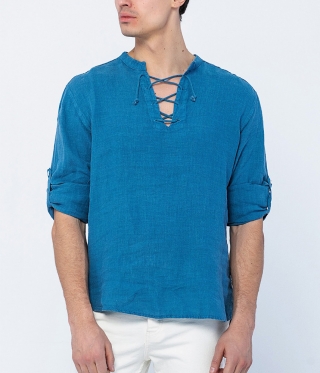 Мъжка ленена риза с връзки цвят син пастел
