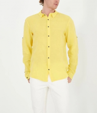 Мъжка жълта ленена риза с яка