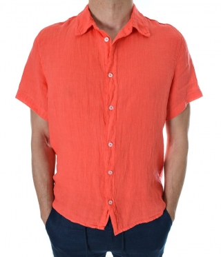 Мъжка ленена риза къс ръкав цвят корал