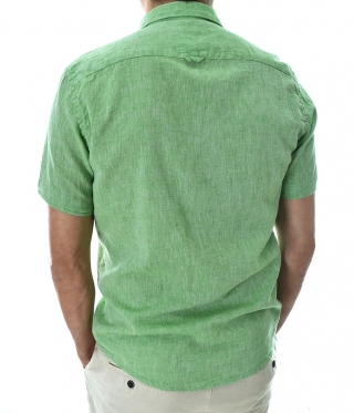 Ленена мъжка риза с къс ръкав зелен меланж