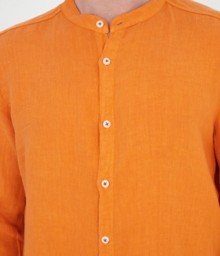 Мъжка оранжева ленена риза с права яка
